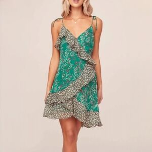 ASTR The Label Green Chiffon Ditsy Floral Print Mix Mini Sleeveless Dress S